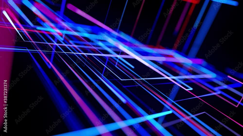 Motion graphics, sci-fi bg with flow of blue red neon glow lines form digital 3d space. Connection concept. Visualization of neural network operation, multiple calculations of various branches. 4K DOF