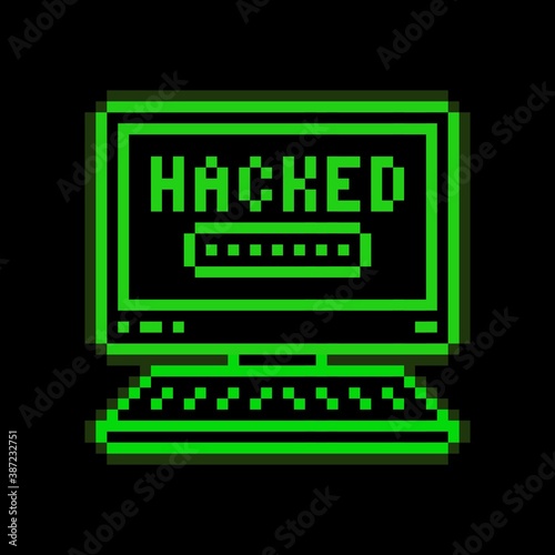 Pixel art 8-bit hacked computer. Hacking account and password. Message that you hacked - editable isolated vector illustration