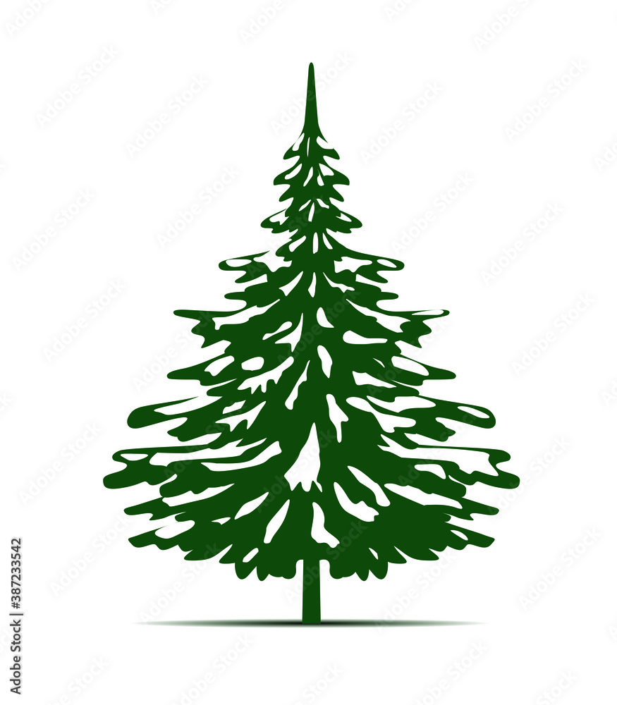 Green Spruce Tree and Snow. Winter season design elements and simply pictogram. Isolated vector Illustration.