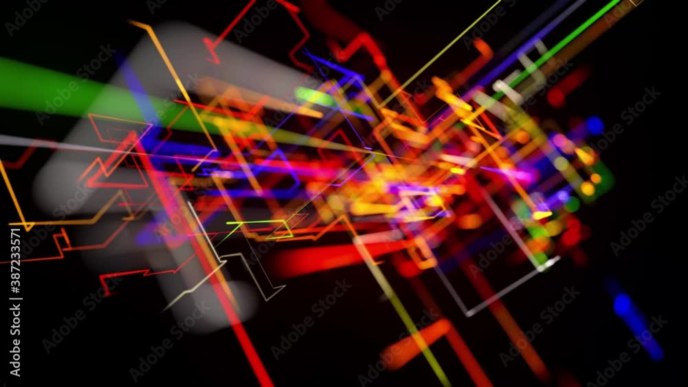 Motion graphics, sci fi bg with stream of multicolor neon glow lines ...