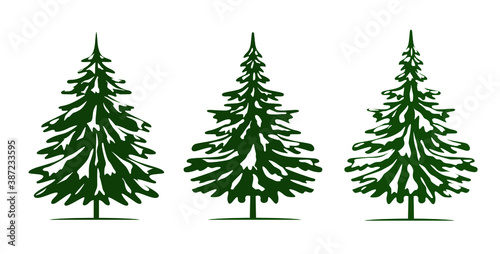 Green Spruce Trees and Snow. Winter season design elements and simply pictogram. Isolated vector xmas Icons and Illustration. © topor