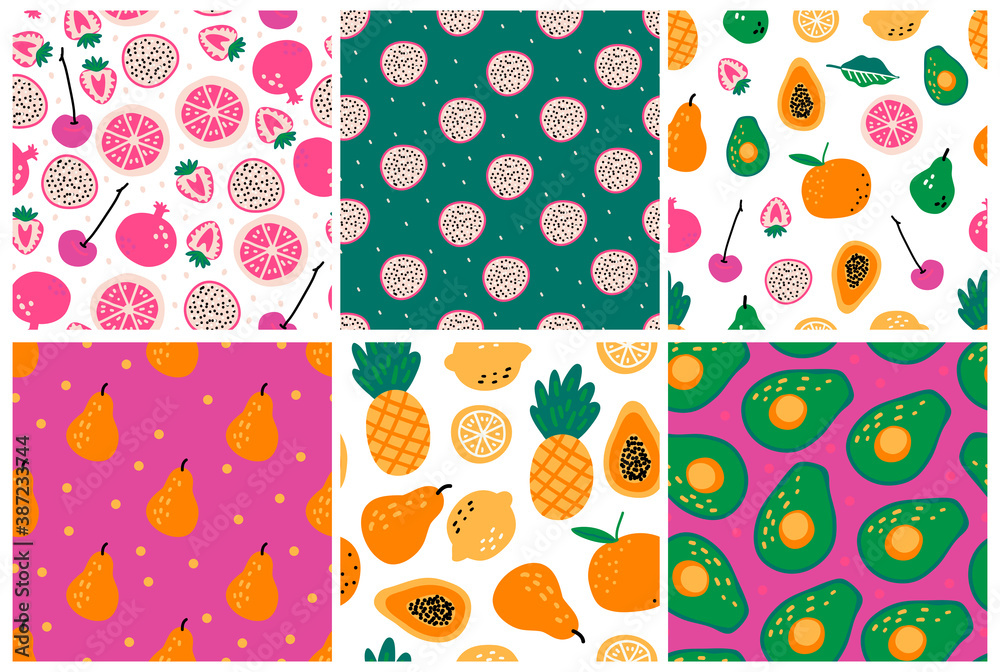Fototapeta premium Set of seamless patterns fruits and berries on light background.