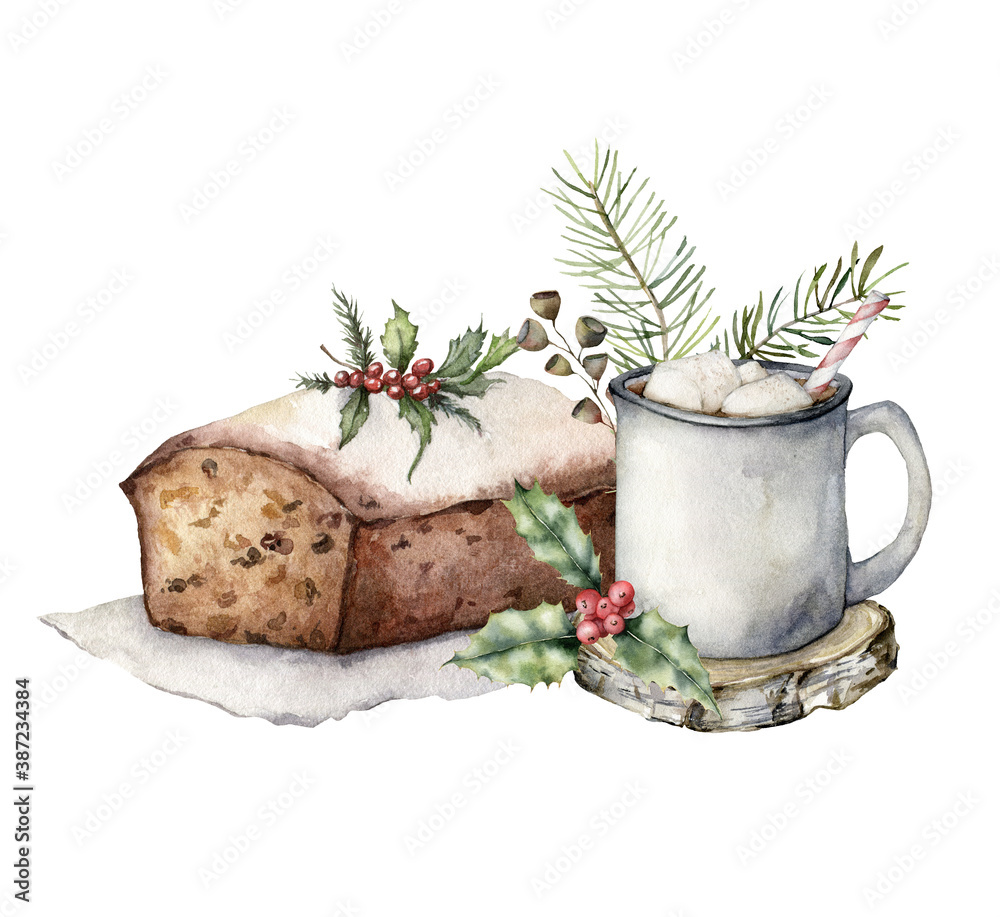 Watercolor Christmas card with cake and cocoa. Hand painted winter composition with berries and leaves isolated on white background. Holiday symbols. Seasonal trendy illustration for design or print. - obrazy, fototapety, plakaty 
