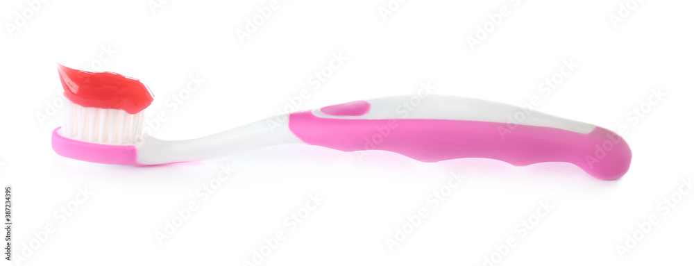 Toothbrush for children with paste isolated on white. Dental care Toothbrush for children with paste isolated on white. Dental care