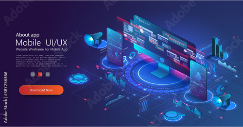 Application UX of PC and phone with business graph and analytics data on isometric. Financial marketing isometric landing page. Digital business, online trading and investment, automation technology. 