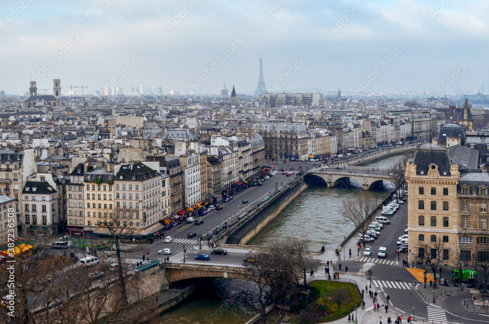 Fototapeta Panoramic view of Paris city from Notre Dame roof