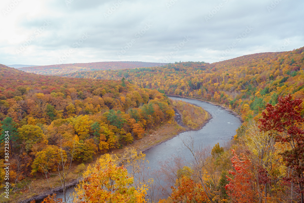 Fall foliage forest. Hills, cloudy sky and curving river