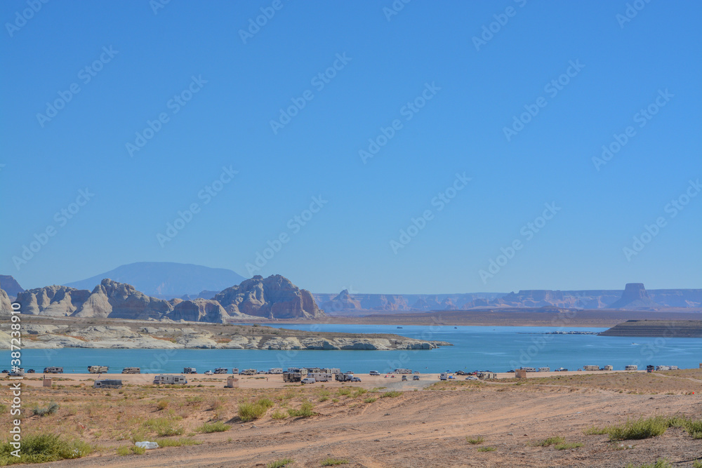 View of Lone Rock Beach Campground at Wahweap Bay on Lake Powell in Glen Canyon National Recreation Area, Utah View of Lone Rock Beach Campground at Wahweap Bay on Lake Powell in Glen Canyon National Recreation Area, Utah