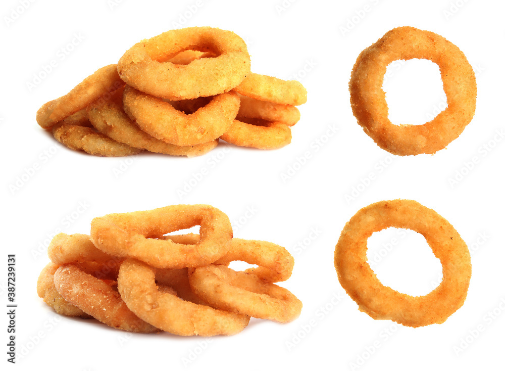 Set of fried onion rings on white background