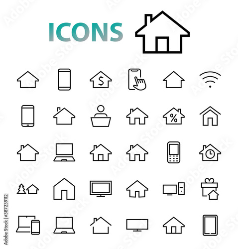 Simple set of line vector home icons. Contains house symbols at interest, infuse house and more. Editable stroke. 480x480 pixels perfect