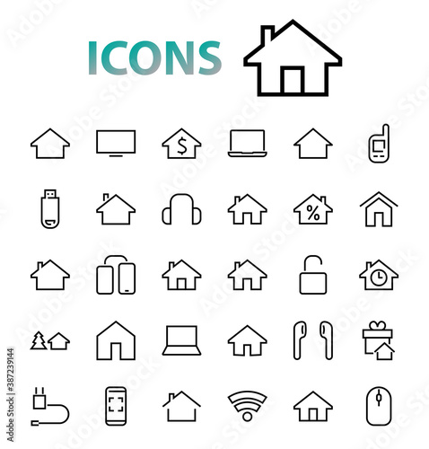 Simple set of line vector home icons. Contains house symbols at interest, infuse house and more. Editable stroke. 480x480 pixels perfect