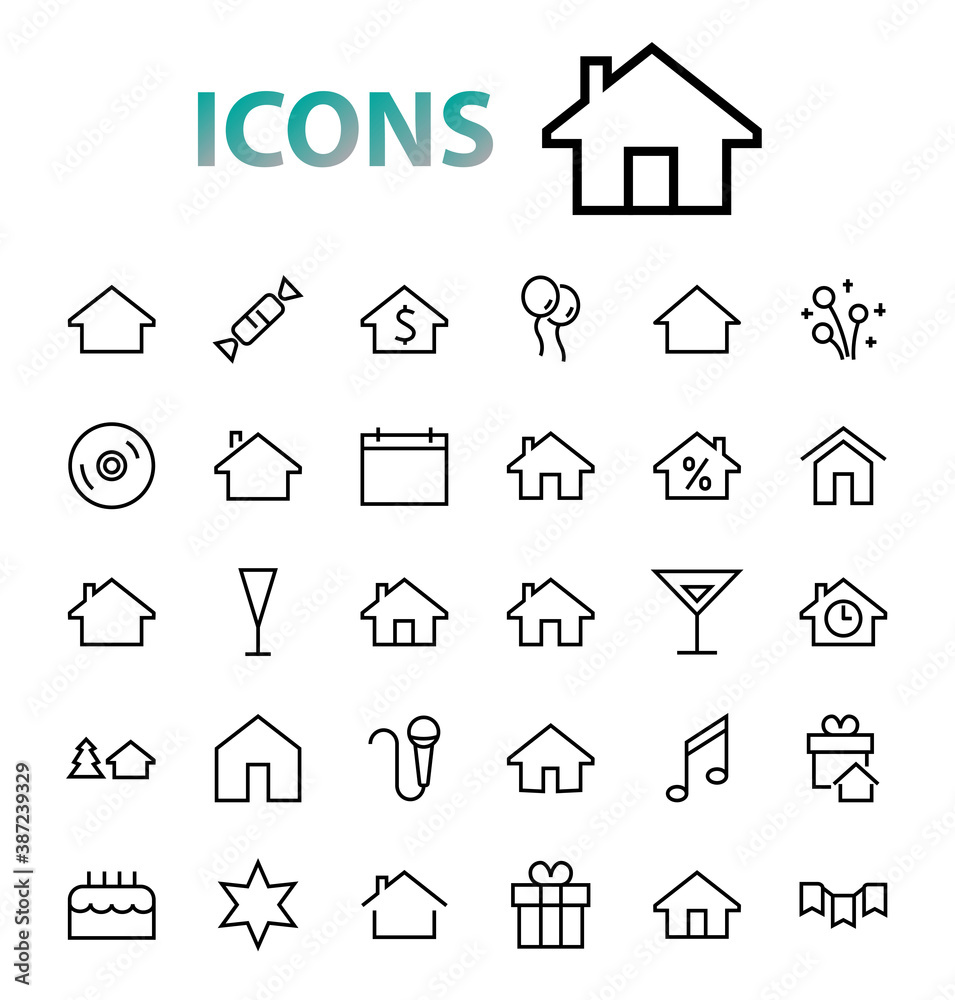 Simple set of line vector home icons. Contains house symbols at interest, infuse house and more. Editable stroke. 480x480 pixels perfect