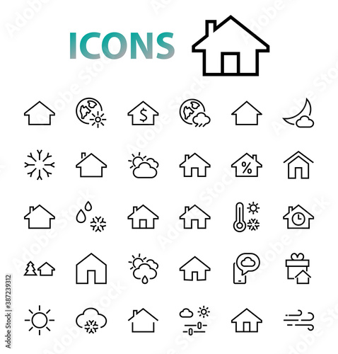 Simple set of line vector home icons. Contains house symbols at interest, infuse house and more. Editable stroke. 480x480 pixels perfect