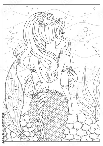 Beautiful mermaid girl line art isolated on white background, vector illustration for anti stress coloring book
