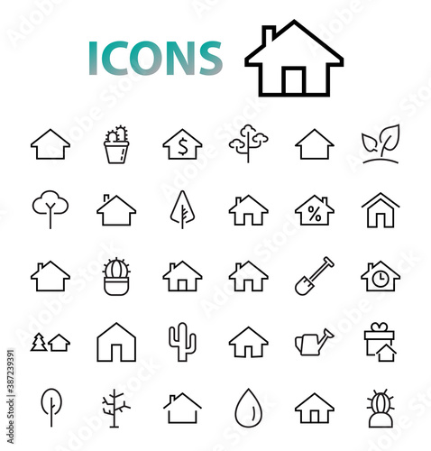 Simple set of line vector home icons. Contains house symbols at interest, infuse house and more. Editable stroke. 480x480 pixels perfect
