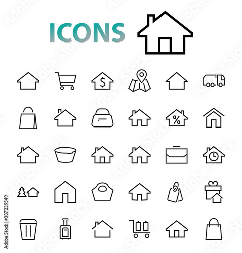Simple set of line vector home icons. Contains house symbols at interest, infuse house and more. Editable stroke. 480x480 pixels perfect