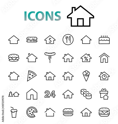 Simple set of line vector home icons. Contains house symbols at interest, infuse house and more. Editable stroke. 480x480 pixels perfect