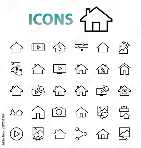 Simple set of line vector home icons. Contains house symbols at interest, infuse house and more. Editable stroke. 480x480 pixels perfect