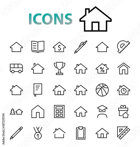 Simple set of line vector home icons. Contains house symbols at interest, infuse house and more. Editable stroke. 480x480 pixels perfect