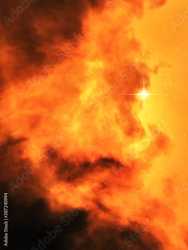 A 3d digital render of a space nebula with bright star in red, orange and yellow. 