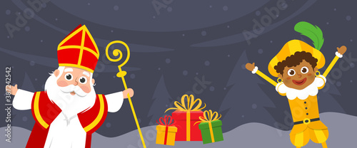 Saint Nicholas and kid celebrate holidays on winter landscape - banner