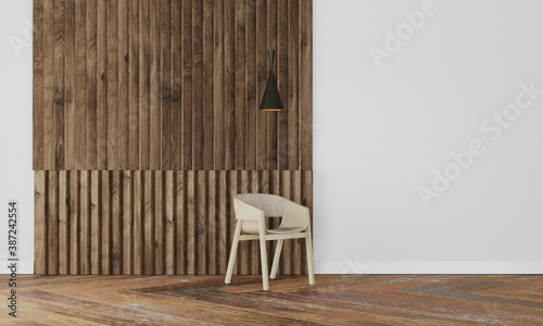 Futuristic lamp with chair in modern interior