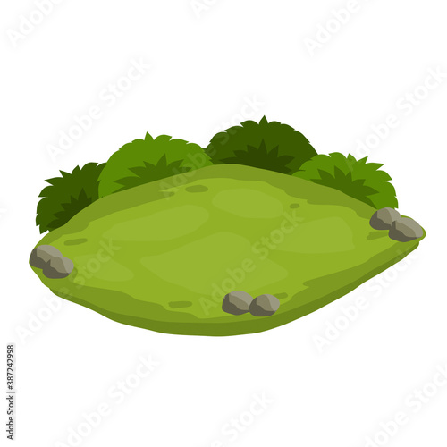 Landscape with grass, stones. Element of nature and forests. Background for illustration. Lawn, sward and greensward. Flat cartoon. Platform and ground