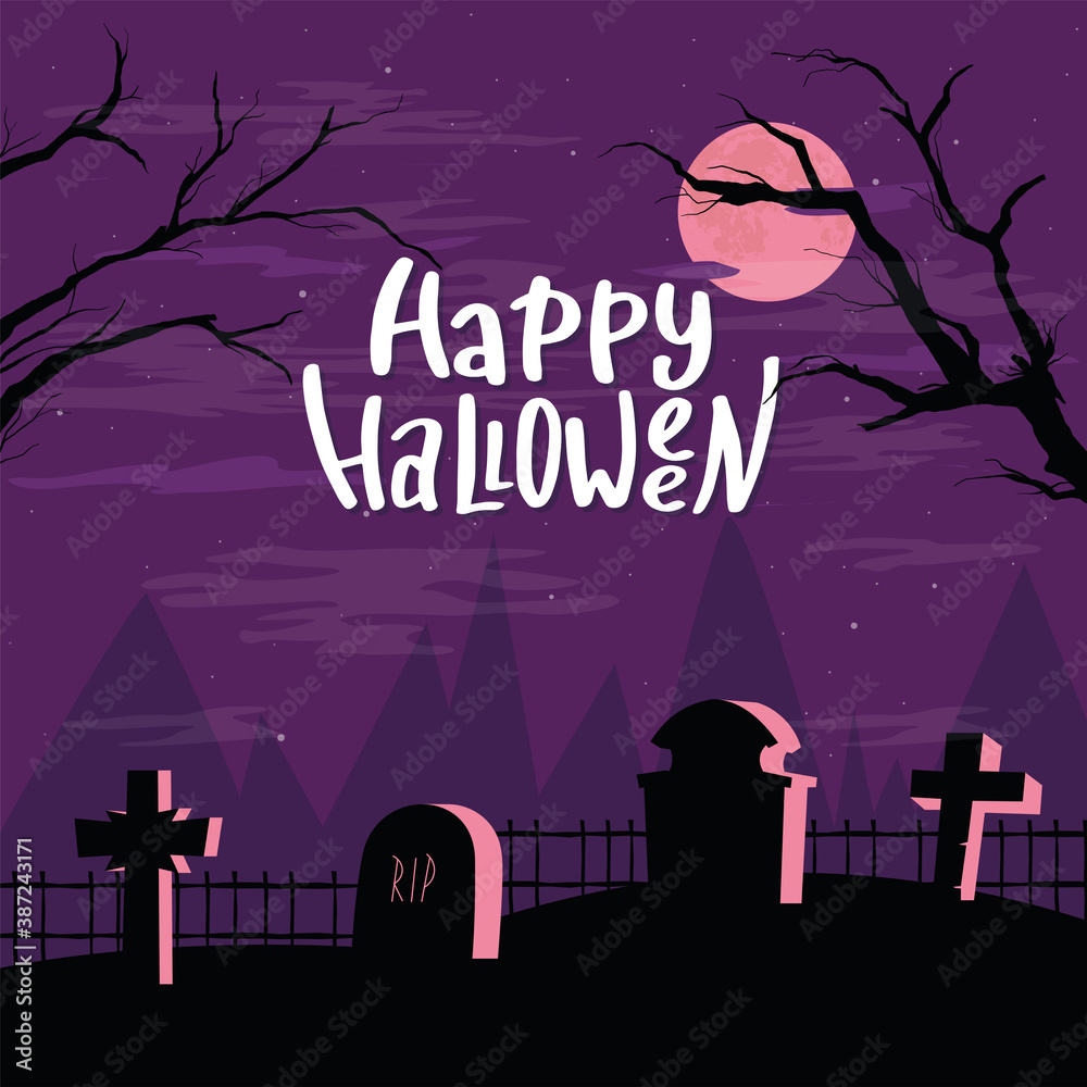 Happy halloween card. Creepy graveyard. Scary cemetery - Vector