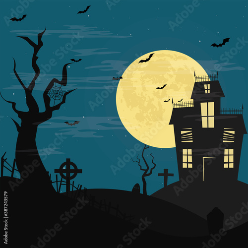 Dark night with horror house - Vector illustration