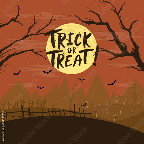 Trick or treat card. Halloween. Creepy graveyard. Scary cemetery - Vector