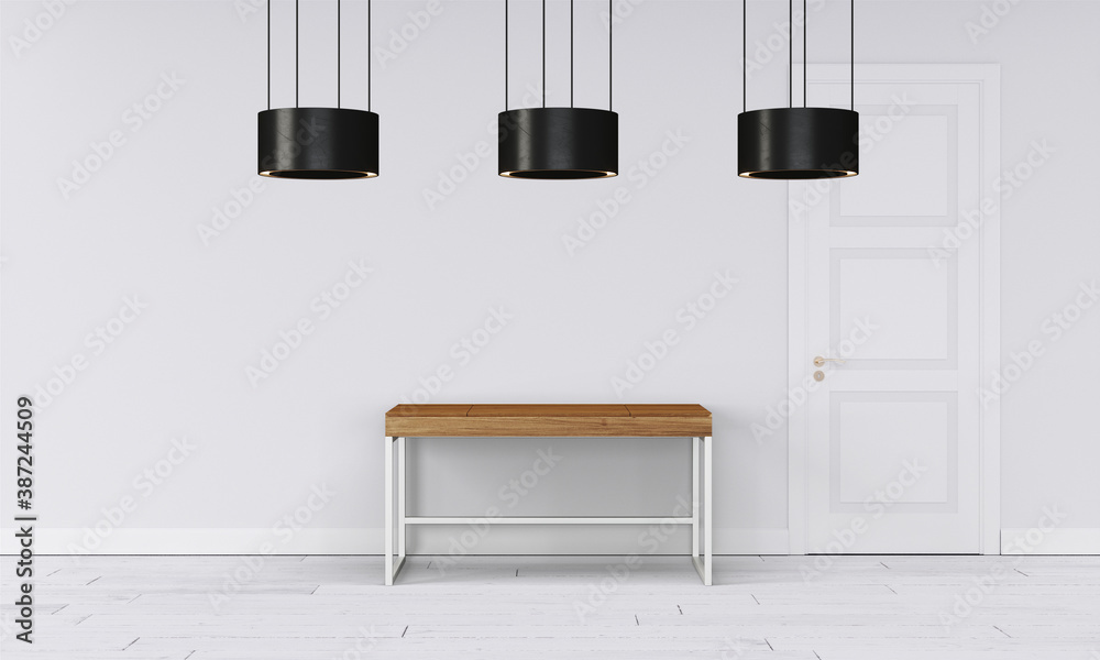 Fototapeta premium Modern workspace with desk and lamp in minimalistic interior