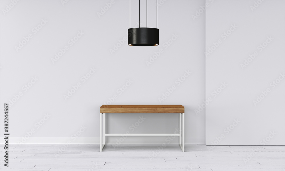 Modern workspace with desk and lamp in minimalistic interior Modern workspace with desk and lamp in minimalistic interior