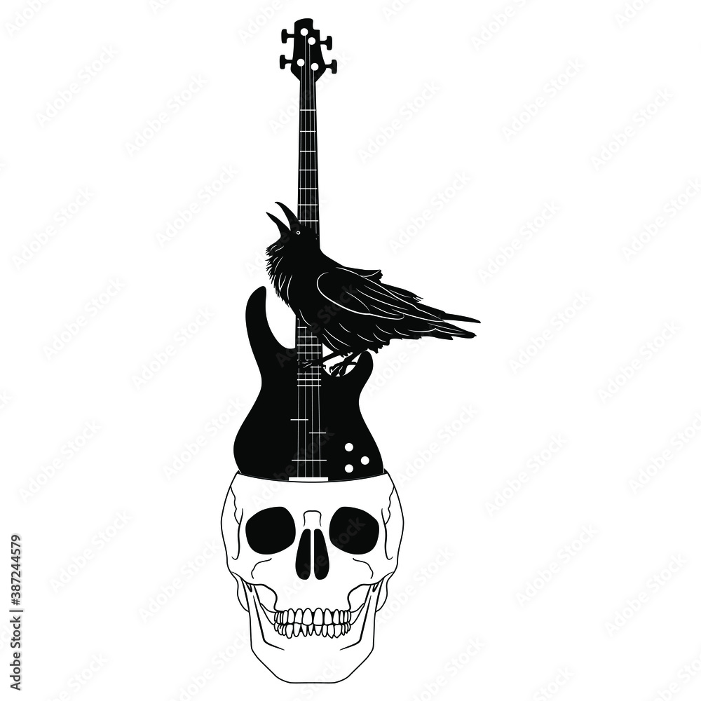 Crying raven sitting on electric bass guitar inside human skull. Creative  concept. Black and white silhouette. vector de Stock | Adobe Stock