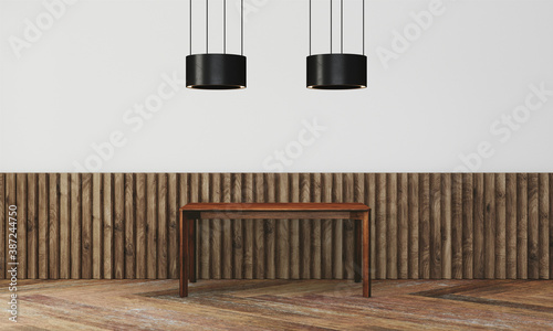 Modern workspace with desk and lamp in minimalistic interior