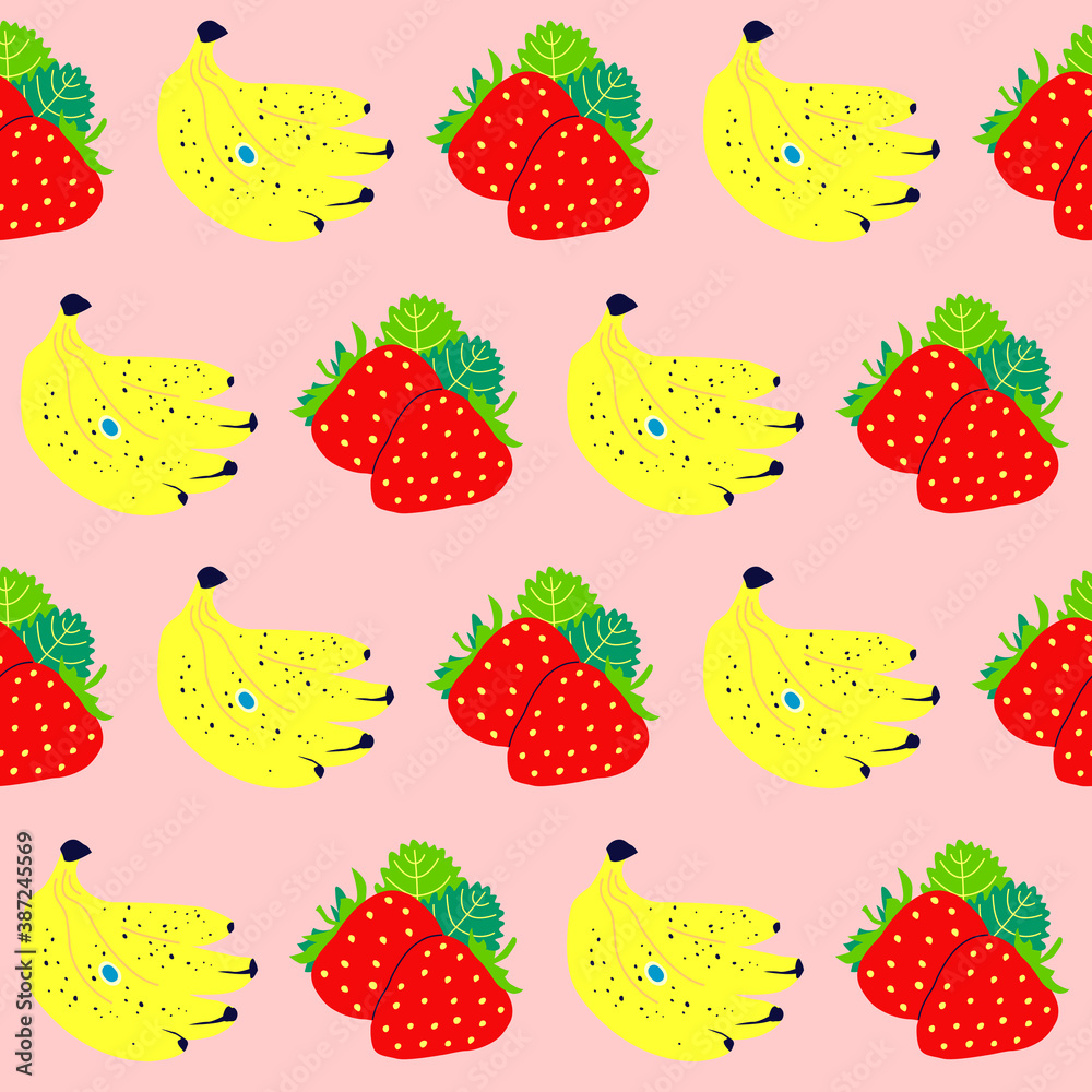 Pattern red strawberries and yellow bananas