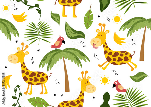 Seamless pattern with a giraffe. Vector illustration with animal giraffe  palm tree  sun  bananas