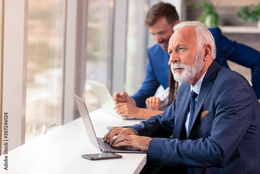 Senior manager using a laptop with young colegues in background Senior manager using a laptop with young colegues in background