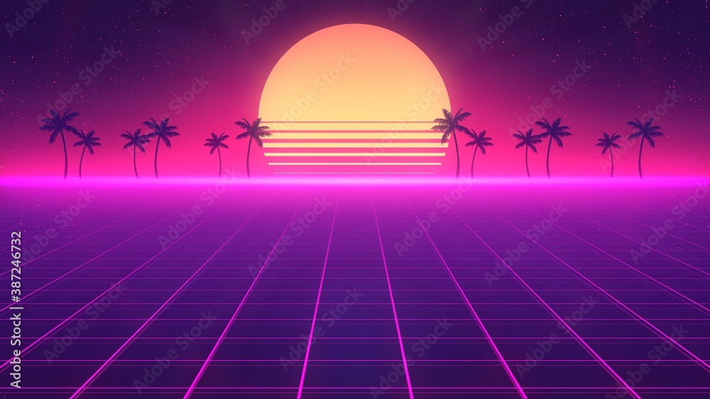 Retro Wave Horizon Landscape Illustration. Bright Glowing Neon Laser  Lights. Synthwave Wireframe Net. Palm Trees On The Background. Sunset On  The Beach. 80S, 90S Style. Retro Futurism. 3D Render Stock Illustration |