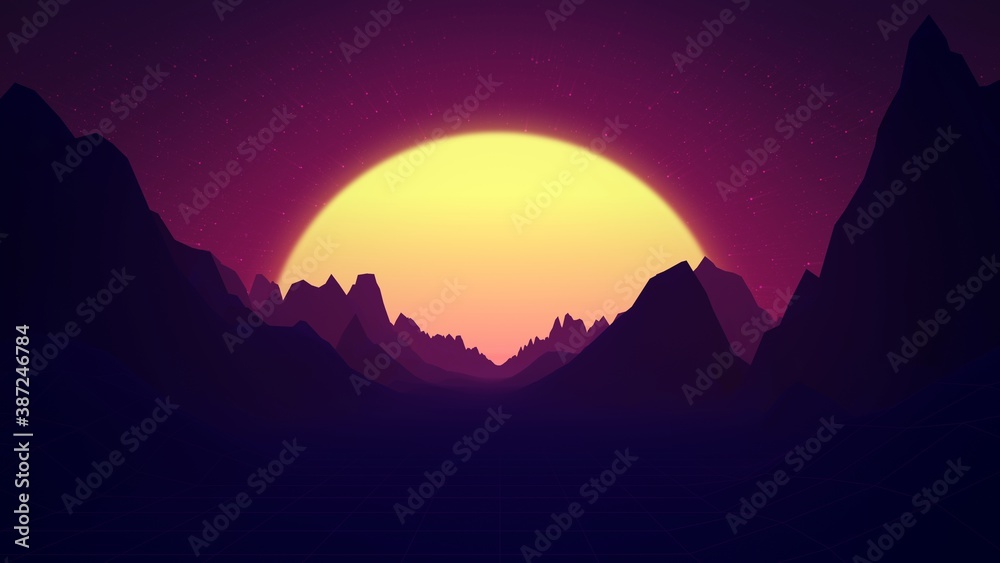 Retro wave or synthwave digital landscape with sunset and mountains. Bright glowing sun above horizon. Volumetric light. 80s, 90s Style. Retro futurism. 3D Render elements. Horizontal illustration