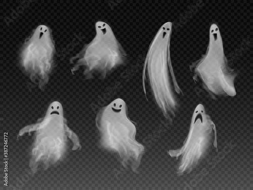 Set of realistic vector fog ghosts. 3d smokes looking like night ghouls. Halloween illustration of scary poltergeist or phantom