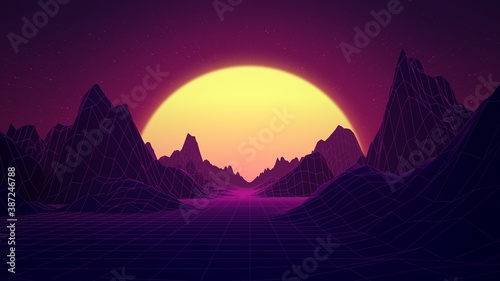 Retro wave or synthwave digital landscape with sunset and mountains. Bright glowing sun above horizon. Volumetric light. 80s  90s Style. Retro futurism. 3D Render elements. Horizontal illustration