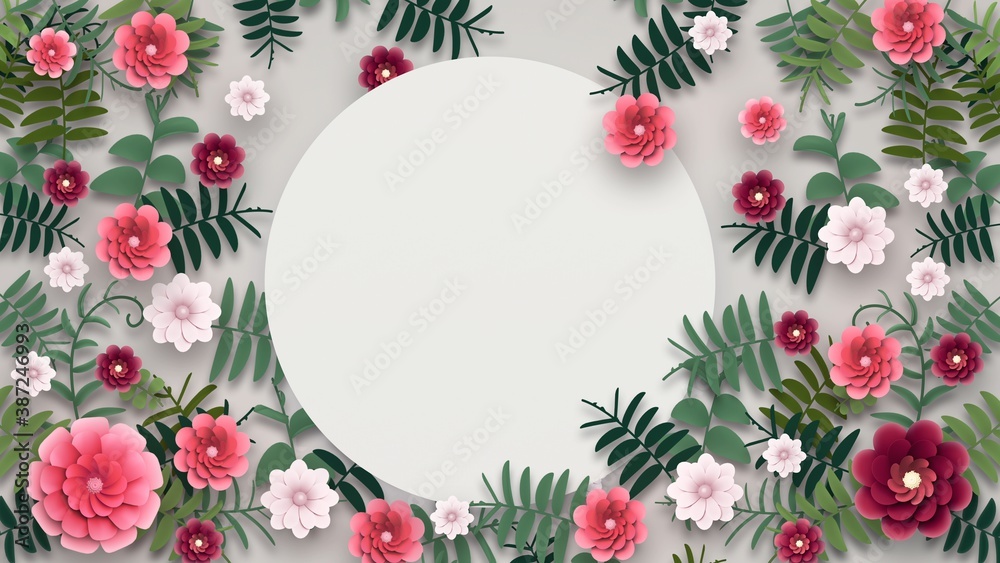 Pink colored Flower frame radial composition. White circle in the middle. Green leaves and flowers arrangement. Bright and fresh floral pattern. 3D Render. Spring, Summer herbal template illustration Pink colored Flower frame radial composition. White circle in the middle. Green leaves and flowers arrangement. Bright and fresh floral pattern. 3D Render. Spring, Summer herbal template illustration