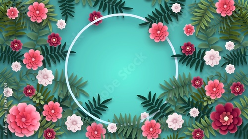 Pink colored Flower frame radial composition. White stroke circle in the middle, turquoise background. Green leaves, flowers growing. 3D Render. Bright Floral pattern. Beautiful herbal template