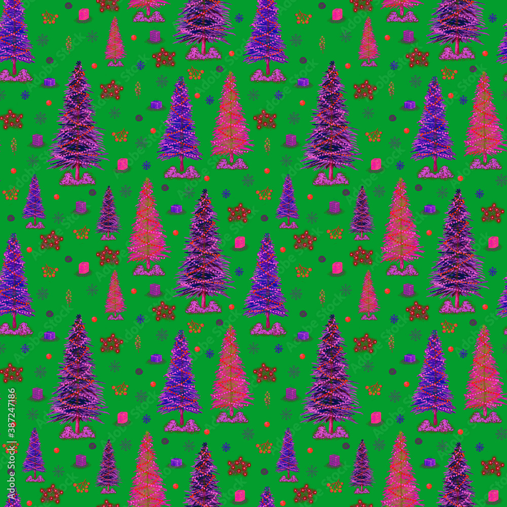 Seamless pattern with multicolored Christmas trees and New Year decoration, for wrapping paper
