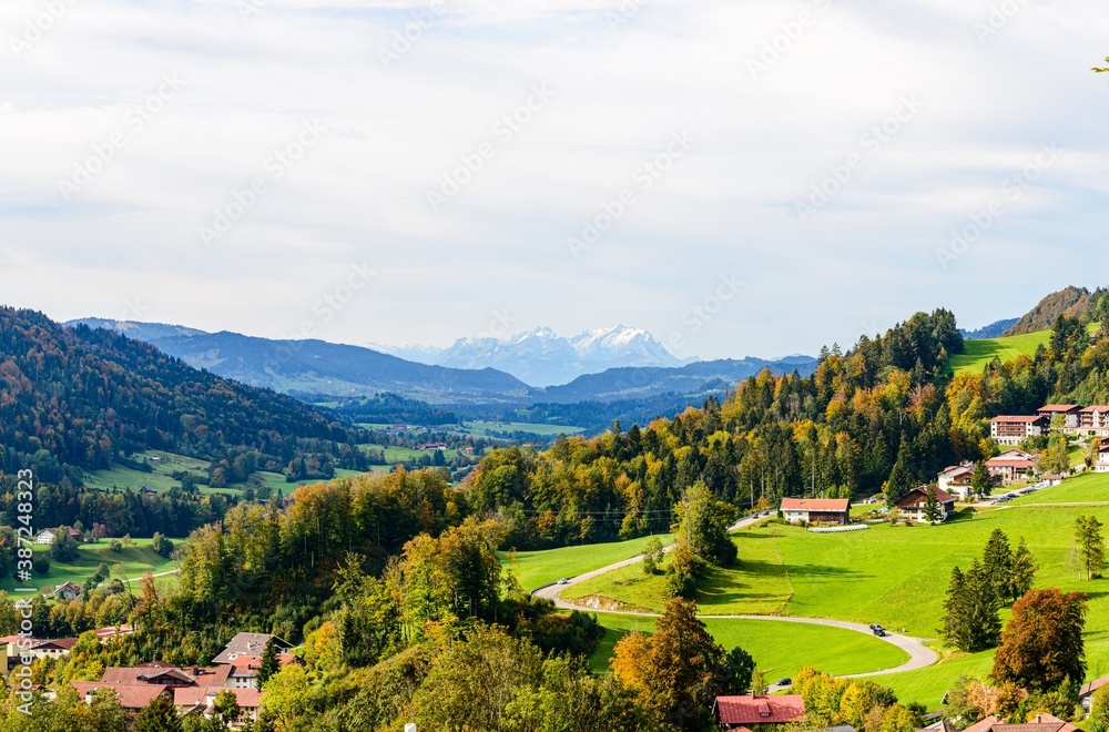View from Oberstaufen (Bavaria, Bayern, Germany) on Santis mountain, alps mountains by Appenzell, St. Gallen, Switzerland.