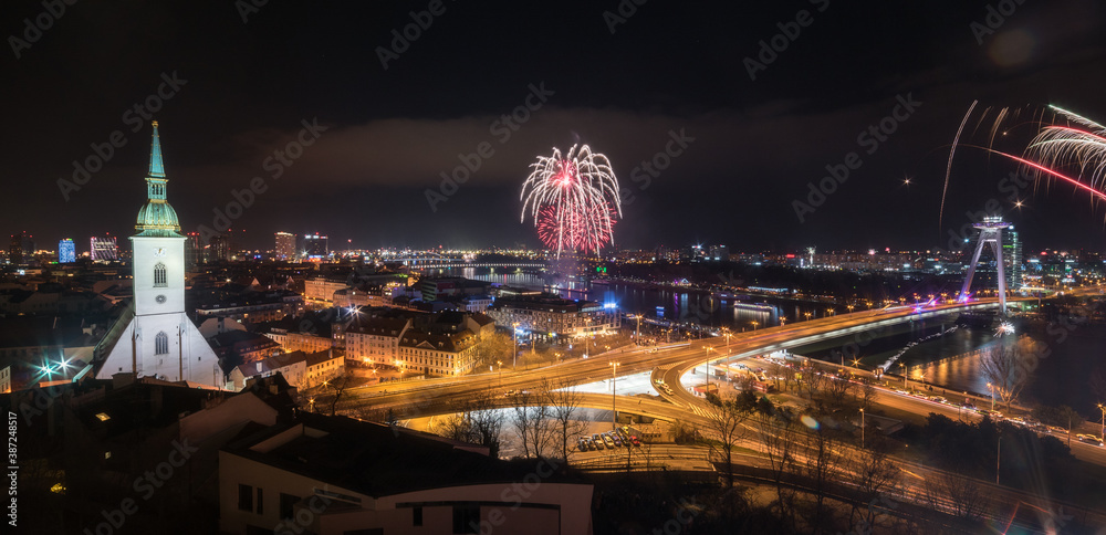 New Year Celebration. Fireworks on Danube River in Bratislava, Slovakia.