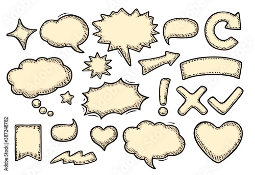 Set speech and thought bubbles. Vintage vector engraving