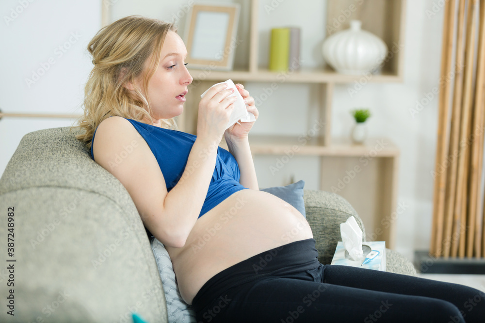 pregnant woman on the sofa suffering with a cold pregnant woman on the sofa suffering with a cold