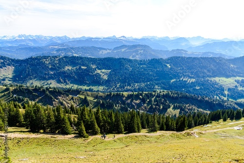 View from Hochgrat mountain nearby Oberstaufen  Bavaria  Bayern  Germany  on alps mountains in Tyrol  Vorarlberg. Hochvogel  big  Grosser Klottenkopf  Austria. Good hiking way