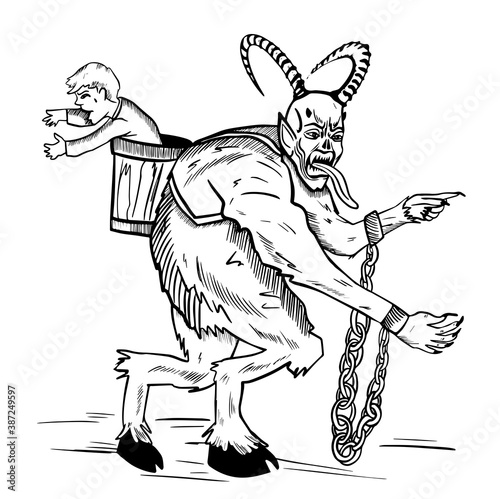 Krampus. Scary krampus. Horned devil. Realistic. Heck. Traditional Christmas devil. Little devil stealing a child.Hand drawn illustration for cards, posters, stickers and professional design. Austrian